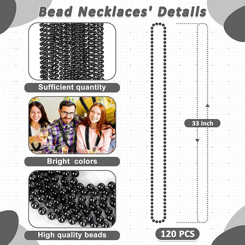 120 PCS Mardi Gras Accessories, 33 IN Beaded Necklace, Mardi Gras Beads, Black Bead Necklace, Throw Beads Bulk for Party Parade Event Festival Christmas Pirate Favors Supplies Decorations