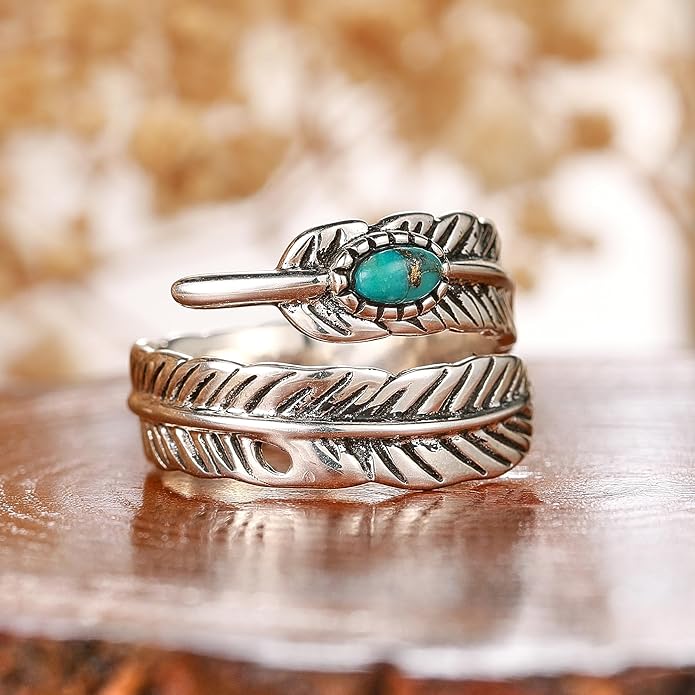 Sterling Silver Feather Ring with Black Onyx & Turquoise - Adjustable Stacking Vintage Statement Ring for Women & Men