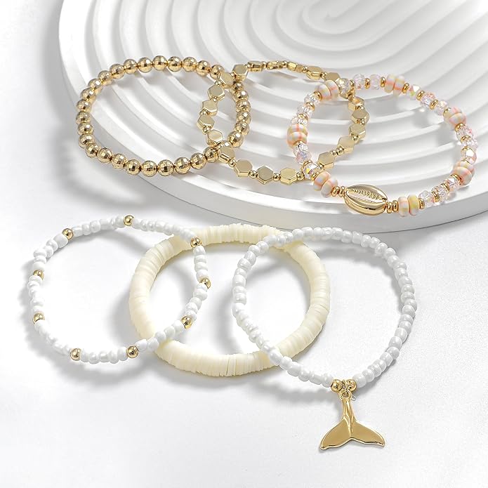 Shell Bracelet Seashell Boho Beaded Stretch Bracelets for Women Summer Beach Bracelets Starfish Charm Bracelet Stackable Gold Plated Bracelets Set for Women