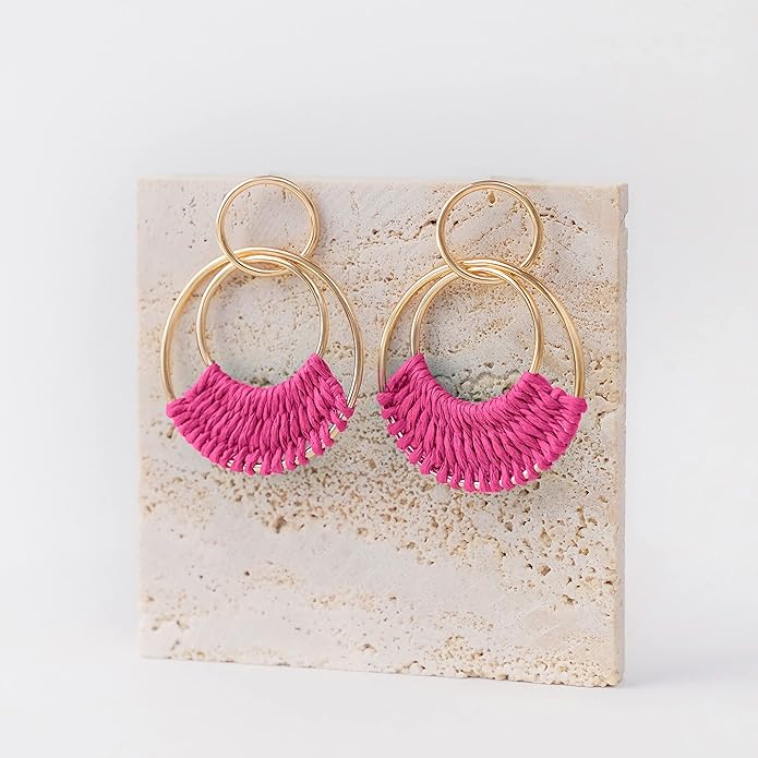 Raffia Hoop Earrings for Women Fun Boho Summer Beach Earrings Lightweight Handmade Straw Wicker Rattan Dangle Earrings Statement Geometric Round Drop Earrings