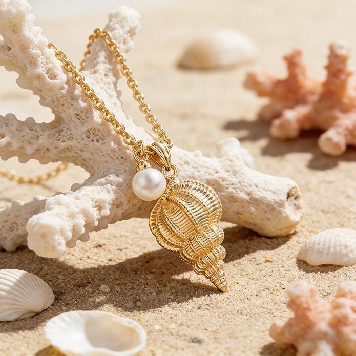 MEVECCO Dainty Gold Pendent Necklace for Women 18K Gold Plated Pearl CZ Starfish Seashell Conch Star Crab Boho Handmade Ocean Chain Necklace Summer Beach Jewelry Gift