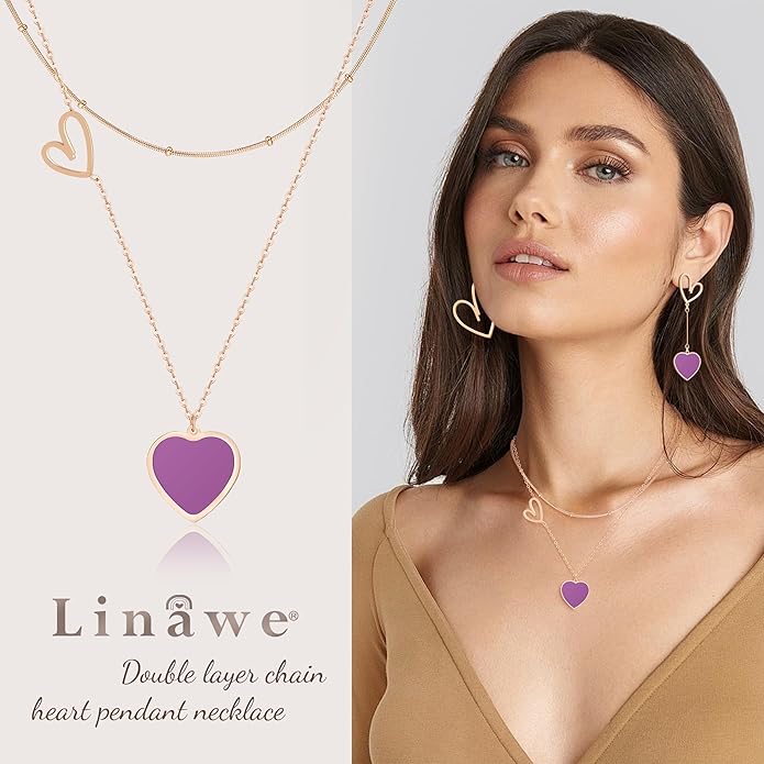 Linawe Layered Choker Heart Pendant Necklace for Women Trendy, Gold/Silver/Rose Gold Chain Stainless Steel Stacked Necklaces, Double Heart Necklace Y2K Preppy Jewelry