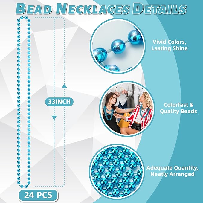 YAXINRUI 24 PCS Teal Bead Necklaces, Teal Mardi Gras Beads, 33 Inch Round Beaded Necklaces School Spirit Day Necklace for Mardi Gras Party Christmas Festive Events, Party Favors