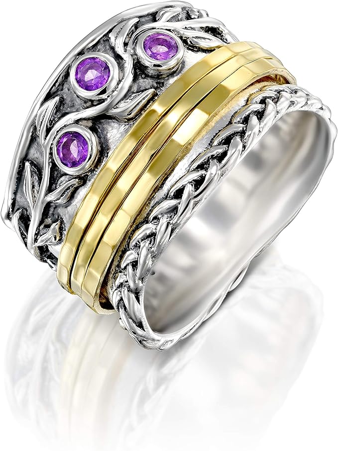 Paz Creations 925 Sterling Silver Spinner Rings for Women With Natural Gemstones - Hammered Pattern Thick Band - Handcrafted Artisan Jewelry - Fidget Rings - Gift For Her
