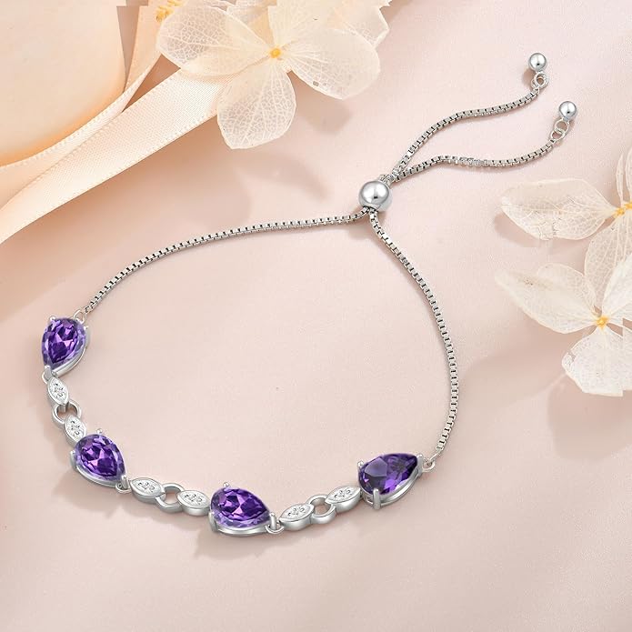 Teardrop Birthstone Bracelet for Women, S925 Sterling Silver Pear Cut Cubic Zirconia Bracelet Dainty Adjustable Chain Jewelry Gift for Her