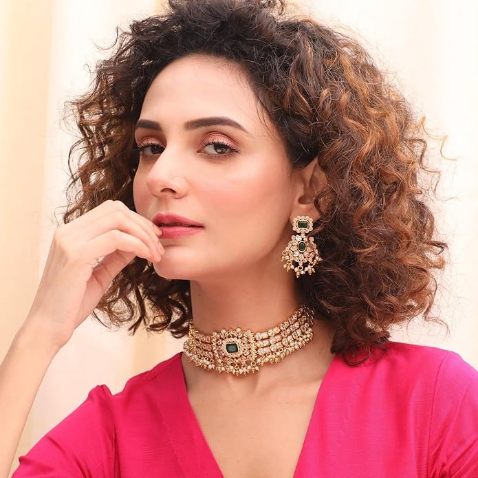 TARINIKA Brass Indian Choker Necklace Set - Gold Plated Cubic Zirconia Indian Jewelry Sets for Women Dangle, Drop, Jhumka Earrings Traditional Desi Necklace Pearls Gift for her