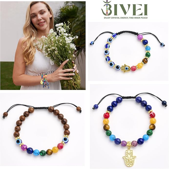 Bivei Chakra Bead Bracelets for Women - 8mm 7 Chakra Bracelet With Real Stones Yoga Gemstone Jewelry 3 Pack