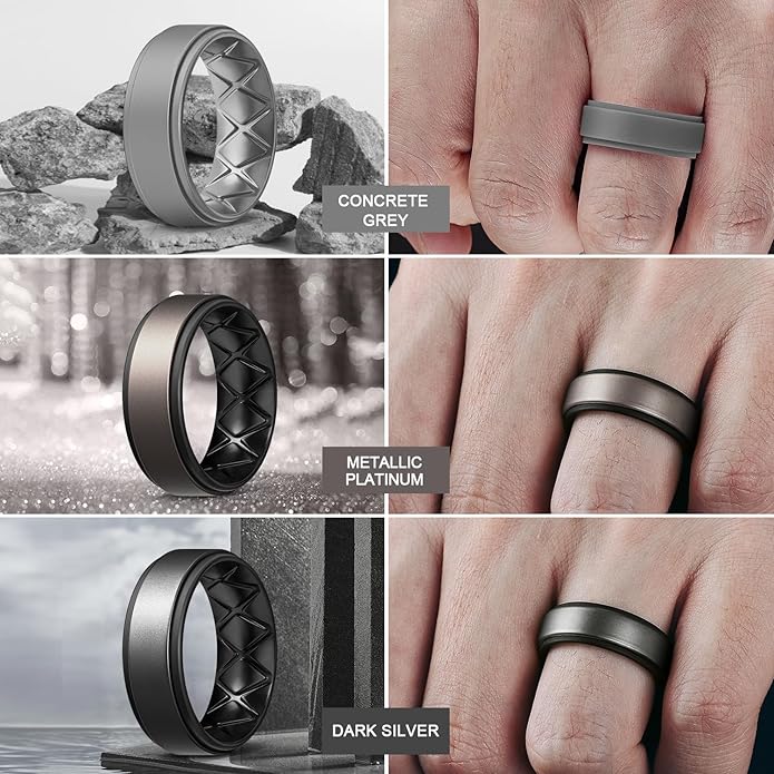 Egnaro Silicone Rings for Men 1/4/5/6/7 Multipack of Breathable Mens Silicone Rubber Wedding Rings Bands - Step Edge