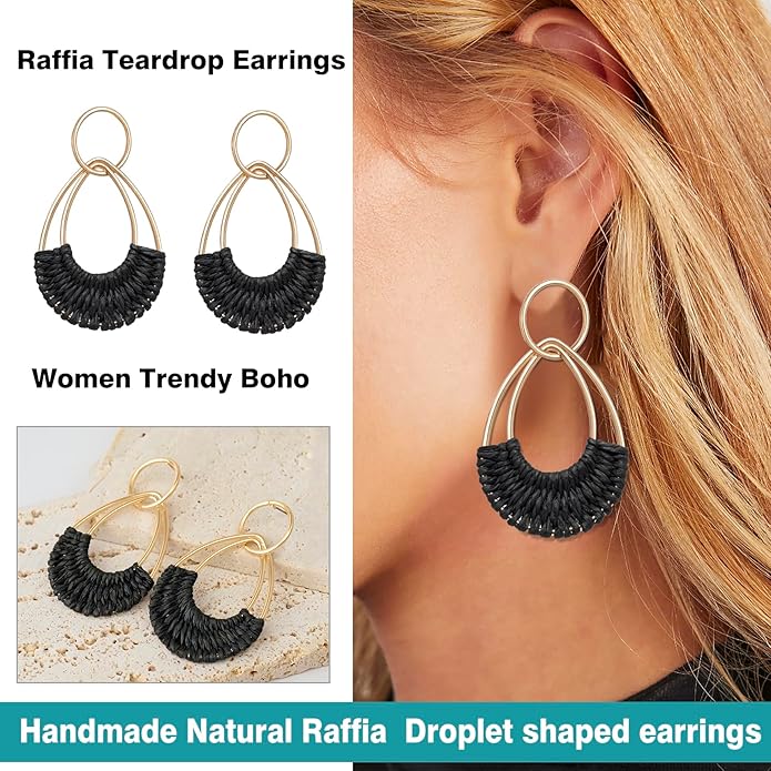 Raffia Hoop Earrings for Women Fun Boho Summer Beach Earrings Lightweight Handmade Straw Wicker Rattan Dangle Earrings Statement Geometric Round Drop Earrings