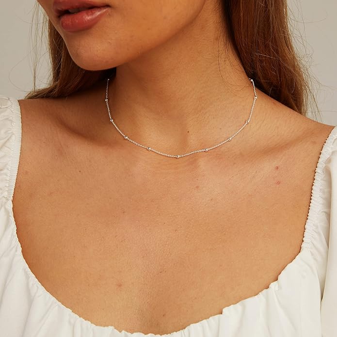 CHESKY 14k Gold Plated/Silver Plated Dainty Necklace for Women, Trendy Satellite Choker Necklace Thin Beaded Layered Choker Necklaces Discs Paperclip Chain Necklaces Womens Simple Jewelry