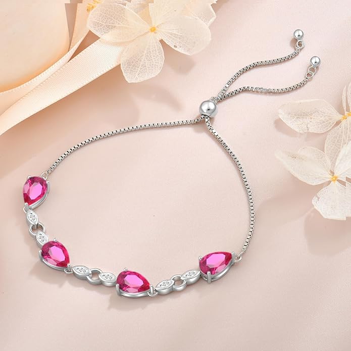 Teardrop Birthstone Bracelet for Women, S925 Sterling Silver Pear Cut Cubic Zirconia Bracelet Dainty Adjustable Chain Jewelry Gift for Her
