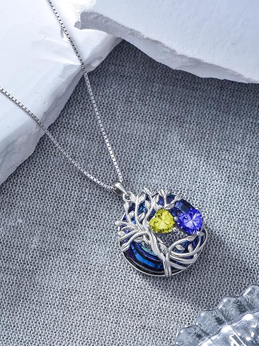 TOUPOP s925 Sterling Silver Family Celtic Tree of Life Pendant Necklaces with 2 Heart Birthstone with Blue Austrian Crystal Jewelry Birthday Valentines Day Gifts for Her, Anniversary Christmas Gifts for Wife Girlfriend Mom (18K Real White Gold Filled)