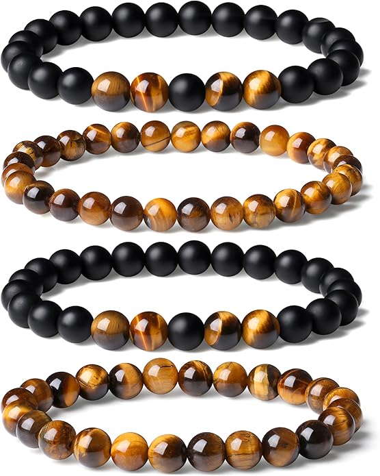XIANNVXI Natural Stone Beads Bracelet for Men Crystal Bracelets 8MM Tiger Eye Lava Rock Obsidian Beaded Bracelet Set Black/Red/Blue Crystal Beaded Bracelets for Men