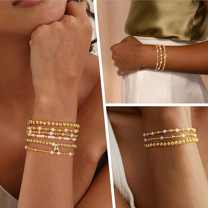 Turandoss 6PCS Beaded Initial Bracelets for Women Girls Valentines Day Gifts - 18K Gold Plated Beaded Initial Letter Bracelet Initial A-Z Stretch Bead Stackable Bracelet Valentines Day Gifts for Her