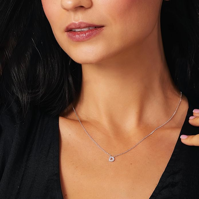 JTV Sterling Silver Initial Necklace for Women, 0.13 CTW White Cubic Zirconia Letter Pendant, Rhodium-Plated, Personalized Monogram Jewelry, Gift Box Included, 18”