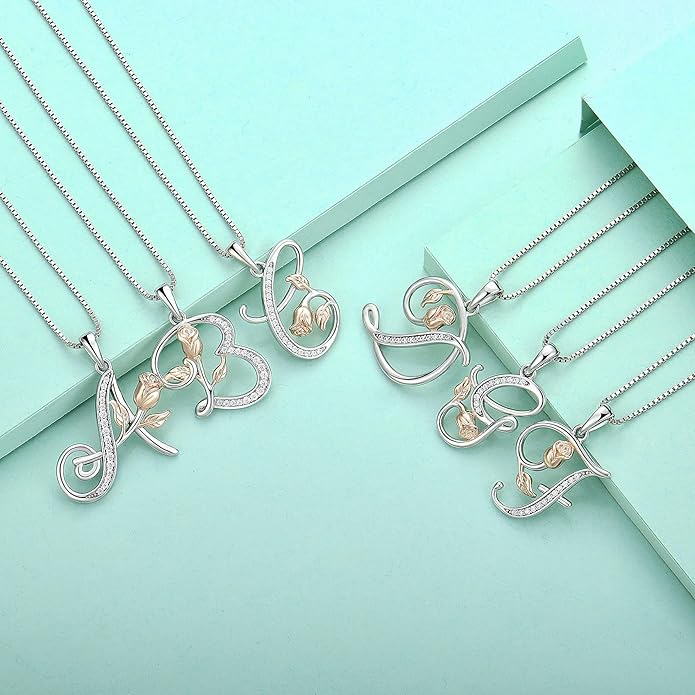 STARCHENIE Initial Necklace for Women Sterling Silver Letters 26 Alphabet Pendant Rose Flower Jewelry Gifts for Family Sisters Friend