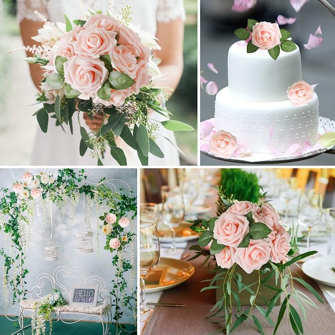 AmyHomie Blush Pink Rose 100pcs Real Looking Artificial Flowers w/Stem | Bouquet - Image 5