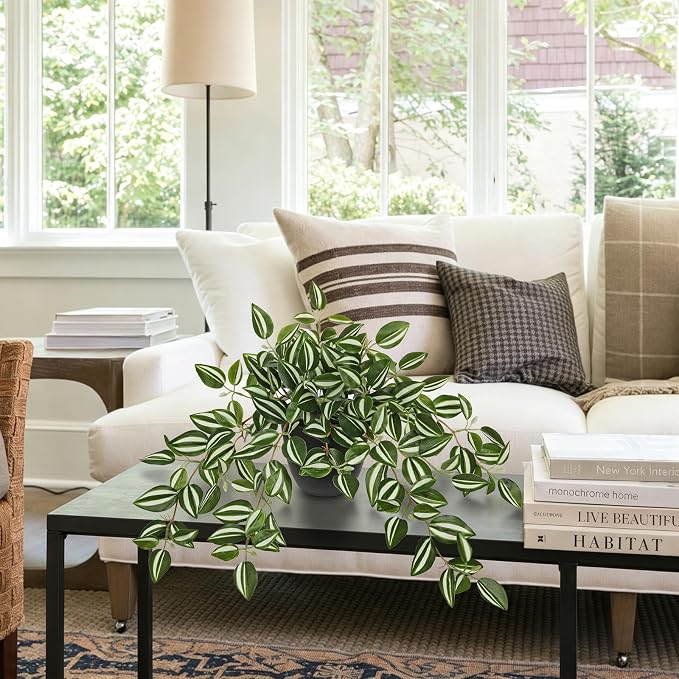 Briful Artificial Potted Plant Indoor, 19.6" Faux Watermelon Peperomia Trailing - Image 6