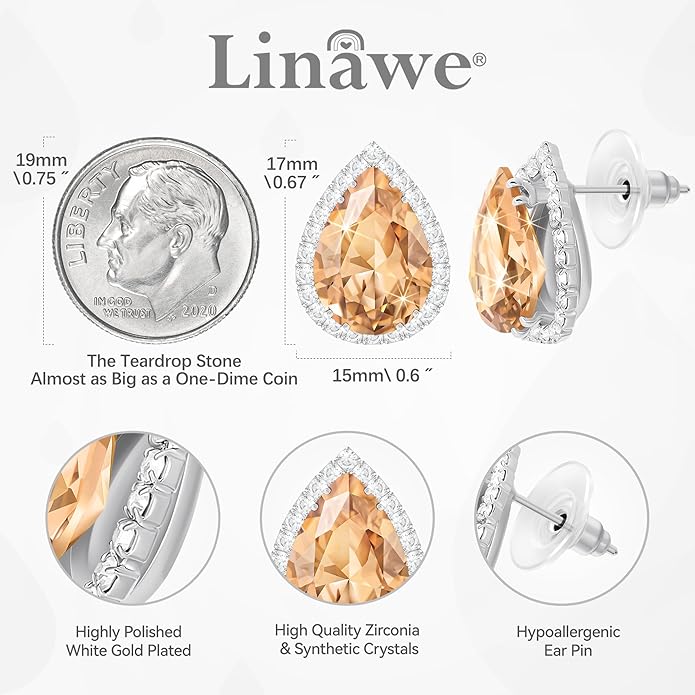 Linawe Women Stud Earrings, Teardrop Diamond Moissanite Cubic Zirconia Earrings Studs Rhinestone Jewelry Gold/Silver/Rose Gold