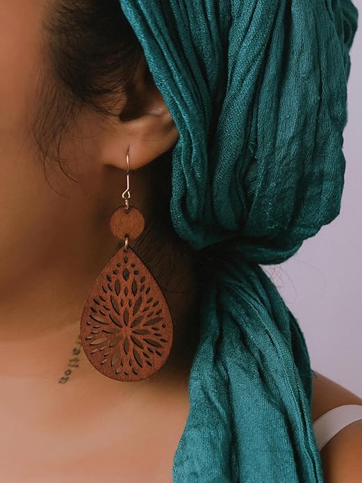 MINACHI Bohemian Hollow Cut-Out Wood Leather Dangle Drop Earrings, Boho Chic Hippie Statement Jewelry Gift for Women