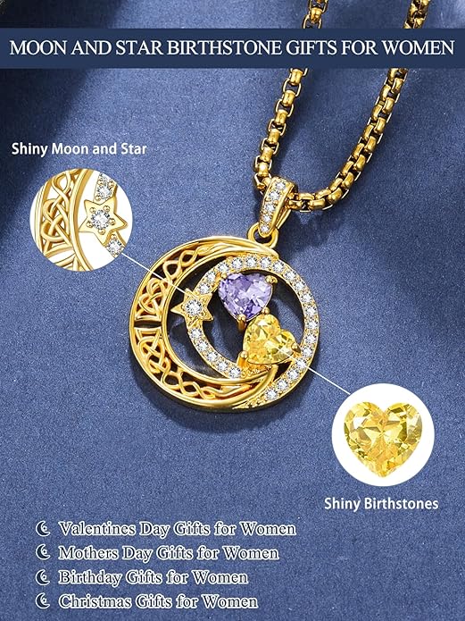 14K Gold Moon and Star Necklace Gifts for Women - Double Heart Birthstone Necklace, Valentines Wedding Anniversary Birthday Gifts for Her Wife Mom Daughter Grandma Sister