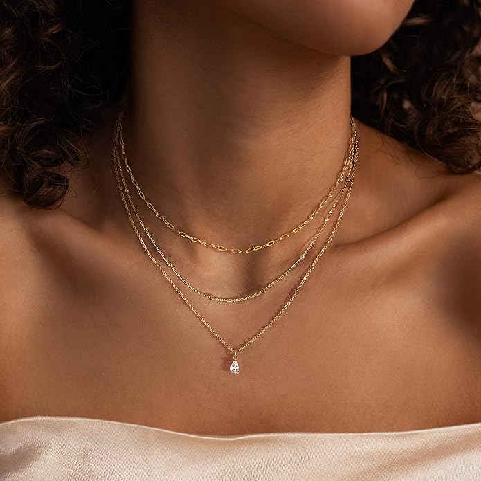 Layered Necklaces for Women,Dainty 14k Gold Plated CZ Layered Choker Necklace for Women Trendy Non Tarnish Hypoallergenic Beaded Paperclip Chain Necklace Stack Women's Minimalist Gold Jewelry Gifts