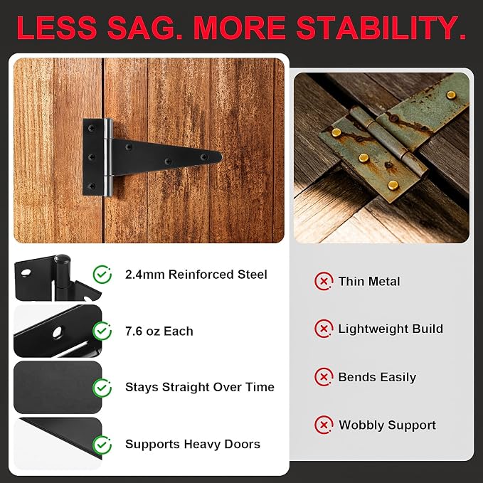 6 Inch Heavy Duty Door Hinges, 4 Pack Black T Strap Hinges, 2.4mm Thick Steel - Image 3