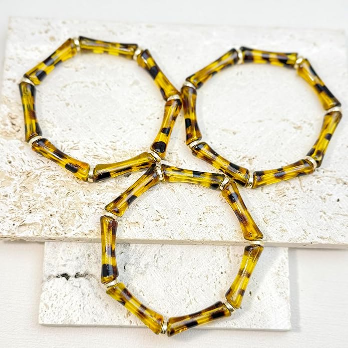 Tortoise Shell Bamboo Bangle Bracelet for Women – 3-Layer Acrylic Stretch Cuff with Faux Tortoiseshell Pattern – Retro Stackable Jewelry