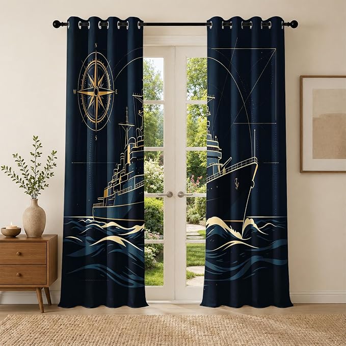 Navy Blue Warship Blackout Curtains 52 x 84 Inch Length Set of 2 | Nautical - Image 3