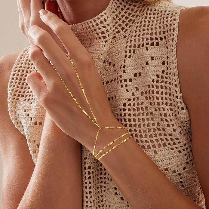Yoosteel Hand Chain Bracelet for Women - Valentines Gifts Dainty 14K-Gold-Plated Finger Ring Hand Chains Layered Trendy Link Bracelets Jewelry Gift for Women