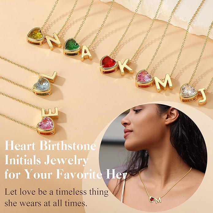 Valentines Day Gifts for Her- Heart Birthstone Initial Necklace for Women Girls,14K Gold Plated Heart Letter A-Z Necklace Birthday Trendy Jewelry Gifts for Women Girls Daughter