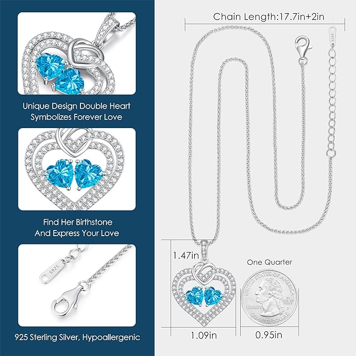 LOUISA SECRET Sparkling Double Heart Birthstone Necklaces for Women, 925 Sterling Silver Fine Jewelry, Pendant Heart Necklaces Birthday Anniversary Christmas Gift for Women Wife Mom Girlfriend Lady
