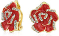 Pink Red Enamel Flower Crystal Edge Spring Retro Floral Rose Clip On Earrings For Women Non Pierced Ears 14K Gold Plated