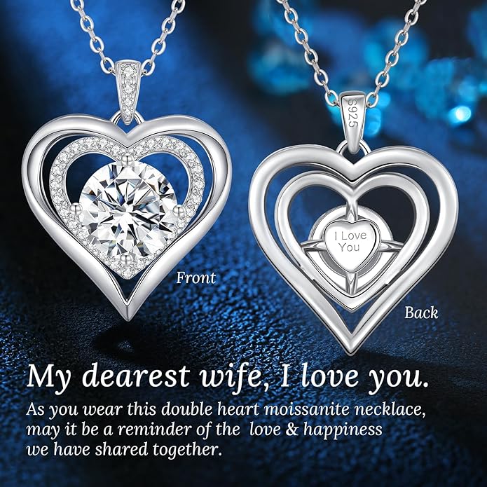 Valentine's Day Gift Moissanite Heart Pendant Necklaces for Women, 925 Sterling Silver Necklace Engraved with 'I LOVE YOU', Ideal Anniversary Birthday Jewelry Gifts for Mom Wife Girlfriend Daughter Her