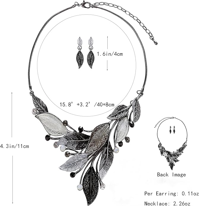 AMYJANE Vintage Statement Jewelry Set - Spring Leaf Flower Floral Plant Necklace Earring Set Crystal Rhinestone Fashion Costume Jewelry for Women Prom Party Unique Gift