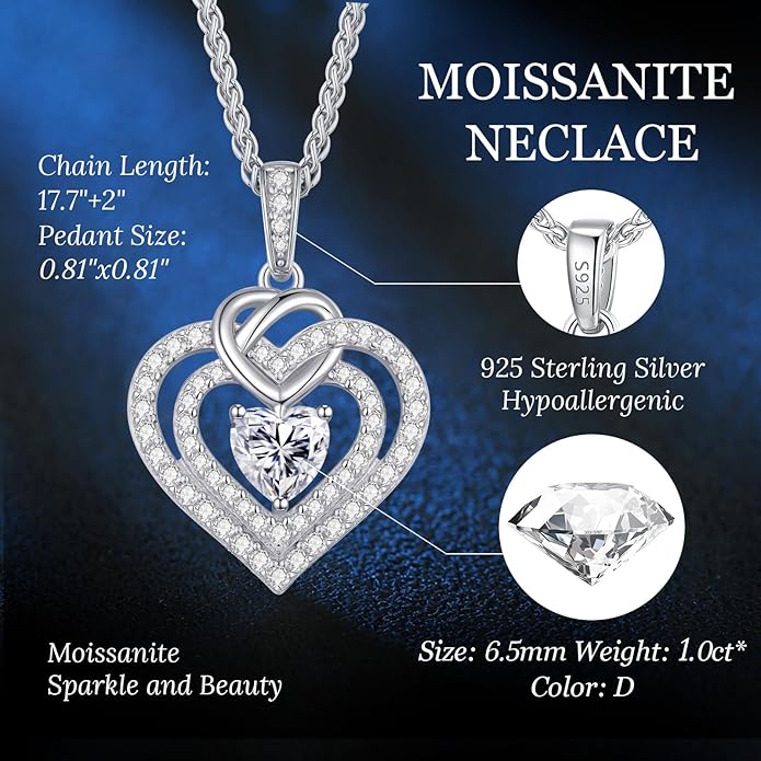 OOBEE Valentines Day Gift Moissanite Heart Necklaces for Women, 1- 4 Carat Moissanite 925 Sterling Silver 14K Gold Plated Pendant Necklace, Ideal Anniversary Birthday Christmas Mothers Day Jewelry Gifts for Mom Wife Her Girlfriend Daughter