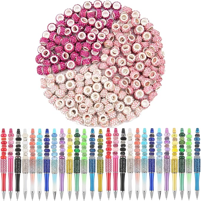 200 Pieces European Large Hole Spacer Beads, Zyehxed Pink European Craft Beads Rhinestone Lampwork Beads Fairy Garden Beads for DIY Charms Bracelet Necklace Earring Jewelry Making Supplies