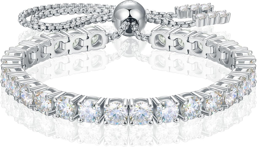 Moissanite Tennis Bracelet 1.79ct-8.69ct Adjustable Bracelet for Women 18K White Gold Plated S925 Sterling Silver Tennis Bracelet D Color VVS1 Round Cut 2/3/4mm Moissanite Bracelet Gifts for Wife/Mom