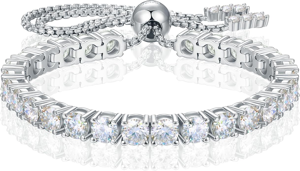 Moissanite Tennis Bracelet 1.79ct-8.69ct Adjustable Bracelet for Women 18K White Gold Plated S925 Sterling Silver Tennis Bracelet D Color VVS1 Round Cut 2/3/4mm Moissanite Bracelet Gifts for Wife/Mom