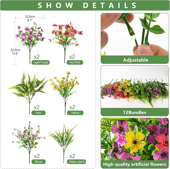 INQCMY Artificial Flowers for Outdoor Faux Plants Fake Flowers Spring Decor | - Image 2
