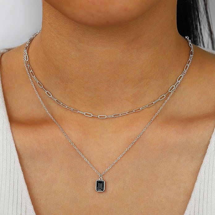 Layered Birthstone Necklace for Women Girls, 14K Gold-Plated Paperclip Chain Choker Necklace with Rectangle Birthstone Pendant Birthday Gifts for Women Girls Dainty Small