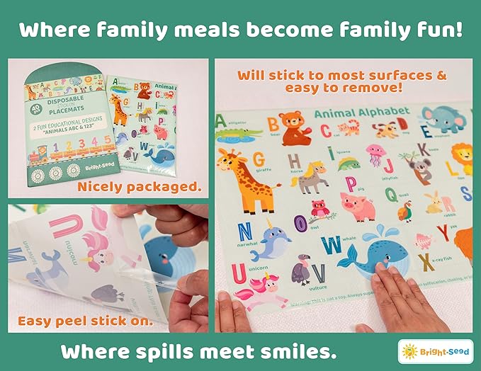 Disposable Placemats for Baby, Toddlers and Kids, 40 Disposable Baby Placemats for Restaurant, Dining Table & Travel, Learning Placemats for Kids, Toddler Travel Essential, Animals ABC & Numbers