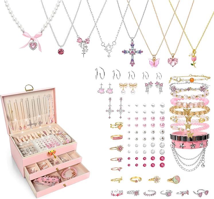 SMUOBT Jewelry Box with Jewelry Set for Women Men - Large Multi-Layer Jewelry Organizer Storage Case with Drawers, Necklace Bracelet Hoop/Stud Earrings Rings Gift Set for Her Him, Unique Birthday Party Gift (Gold/Black Silver)