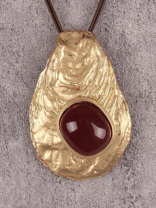 GelConnie Leather Necklace for Women Large Pendant Long Brown Necklace Circle Leather Choker Vintage Sweater Necklace Gold Chunky Boho Necklaces for Women