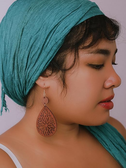 MINACHI Bohemian Hollow Cut-Out Wood Leather Dangle Drop Earrings, Boho Chic Hippie Statement Jewelry Gift for Women