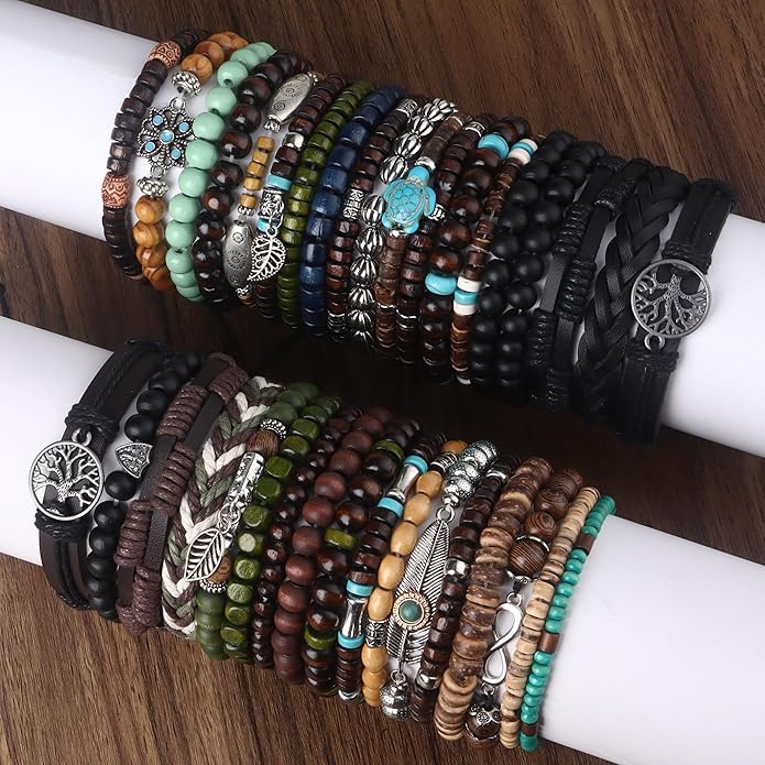 Jewdreamer 38Pcs Punk Wooden Beads Bracelets Gothic Bracelet for Men Adjustable Vintage Beaded Bracelet Metal Set Wood Bangles Wristbands Commemorative Jewelry Gift