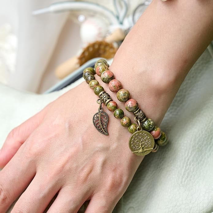 Bivei Natural Semi Precious Gemstone beads bracelet for women - Life Tree and Leaf Charm Energy Reiki Crystal Stretch Bracelets
