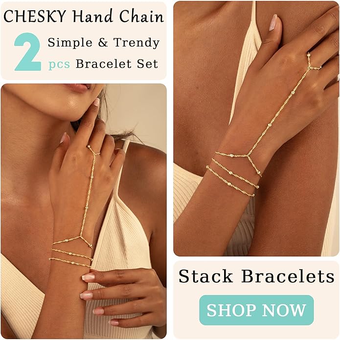 CHESKY 14K Gold Plated Hand Chain Bracelets for Women Set - Dainty Finger Ring Bracelet Stack Adjustable Hand Chains Durable Beaded Bracelets Trendy Simple Body Jewelry Gift for Women