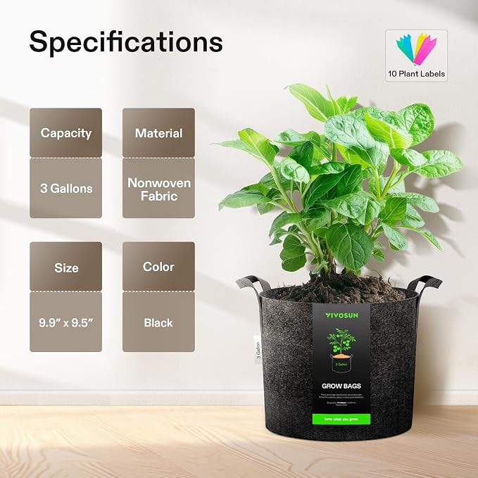 VIVOSUN 10-Pack 3 Gallon Plant Grow Bags Heavy Duty Thickened Nonwoven Fabric - Image 2