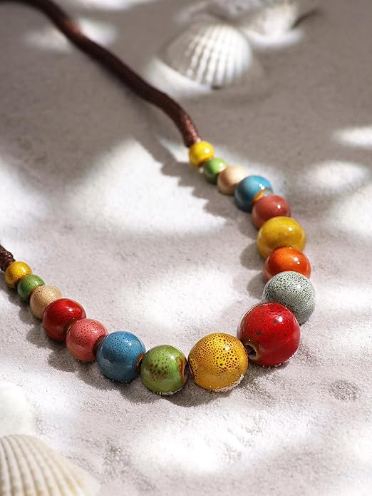 MINACHI Hippie Boho Colorful Ceramic Round Beads Strand Necklace, Bohemian Fashion Statement Jewelry Gift for Women